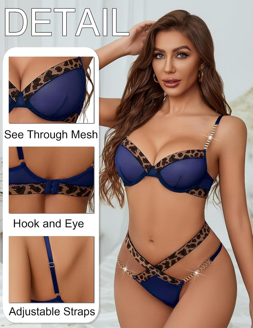 Avidlove Sexy Lingerie Set – Mesh Bra & Panty with Chain (Navy Blue)