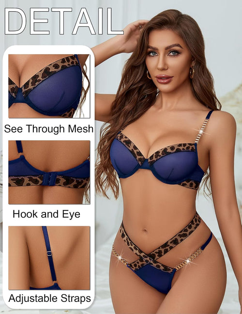 Avidlove Sexy Lingerie Set – Mesh Bra & Panty with Chain (Navy Blue)